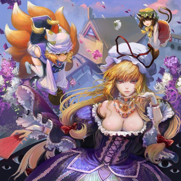 Anime picture 1299x1299 with touhou yakumo yukari yakumo ran chen xiaji long hair short hair breasts light erotic black hair blonde hair multiple girls animal ears cleavage long sleeves animal tail cat ears cat tail fox ears cherry blossoms