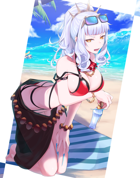 Anime picture 1583x2000 with fate (series) fate/grand order tamamo (fate) (all) tamamo no mae (swimsuit lancer) (fate) carmilla (fate) kurogiri long hair tall image looking at viewer fringe breasts open mouth light erotic large breasts bare shoulders multiple girls holding yellow eyes sky cleavage