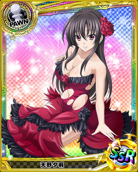 Anime picture 640x800 with highschool dxd raynare (dxd) single long hair tall image looking at viewer breasts light erotic black hair purple eyes cleavage torn clothes card (medium) girl dress hair ornament