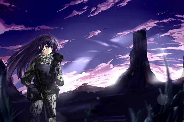 Anime picture 1280x853 with original saberiii single long hair purple eyes looking away sky purple hair cloud (clouds) ahoge sunlight evening sunset military twilight camouflage soldier girl gloves uniform