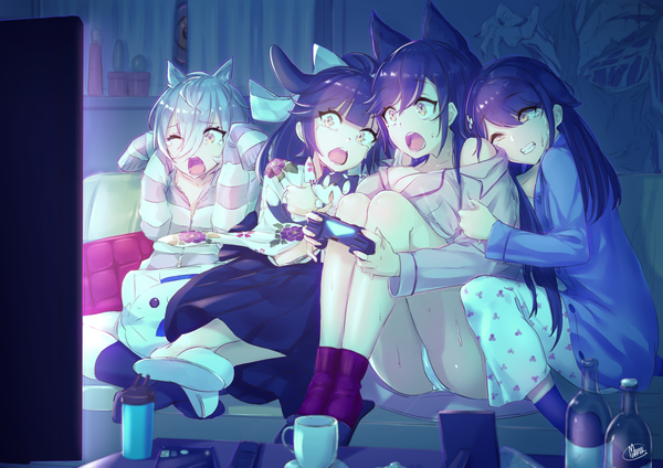 Anime picture 1697x1200 with azur lane atago (azur lane) takao (azur lane) choukai (azur lane) maya (azur lane) pecolondon long hair fringe short hair breasts open mouth light erotic black hair hair between eyes large breasts sitting multiple girls holding signed animal ears