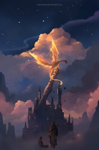 Anime picture 727x1100 with original megatruh tall image standing sky cloud (clouds) outdoors wind from behind glowing fantasy falling dust broken hood star (stars) dragon flame castle tower