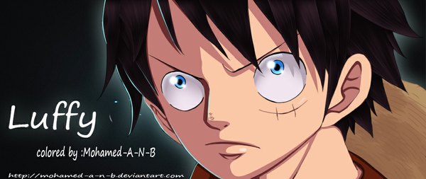 Anime picture 1024x433 with one piece toei animation monkey d. luffy m-shu single short hair blue eyes black hair wide image looking away inscription coloring scar angry boy