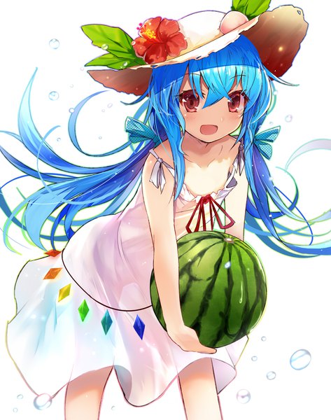 Anime picture 709x900 with touhou hinanawi tenshi efe single long hair tall image looking at viewer blush fringe open mouth light erotic simple background smile hair between eyes red eyes white background twintails bare shoulders holding blue hair