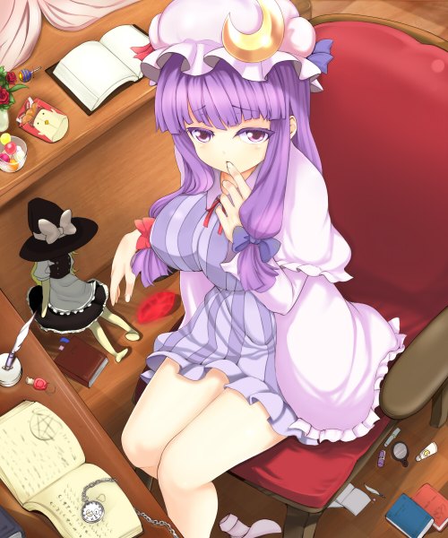Anime picture 1000x1200 with touhou kirisame marisa patchouli knowledge mystia lorelei ginji74 long hair tall image breasts large breasts purple eyes purple hair bent knee (knees) indoors from above finger to mouth crescent messy room girl dress book (books)