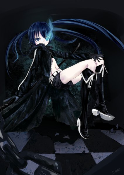 Anime picture 2480x3507 with black rock shooter black rock shooter (character) b1944 single long hair tall image highres blue eyes black hair twintails glowing glowing eye (eyes) girl shorts boots chain cloak