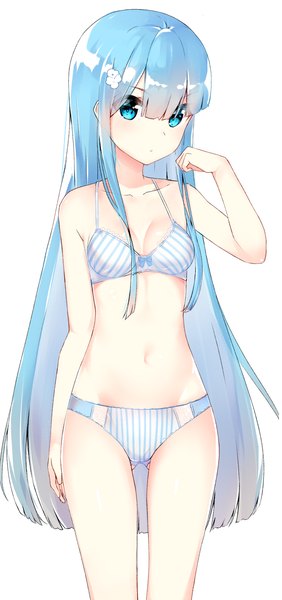 Anime picture 1056x2244 with original gin00 single long hair tall image looking at viewer blush fringe light erotic simple background hair between eyes standing white background bare shoulders blue hair full body blunt bangs hair flower aqua eyes bare belly