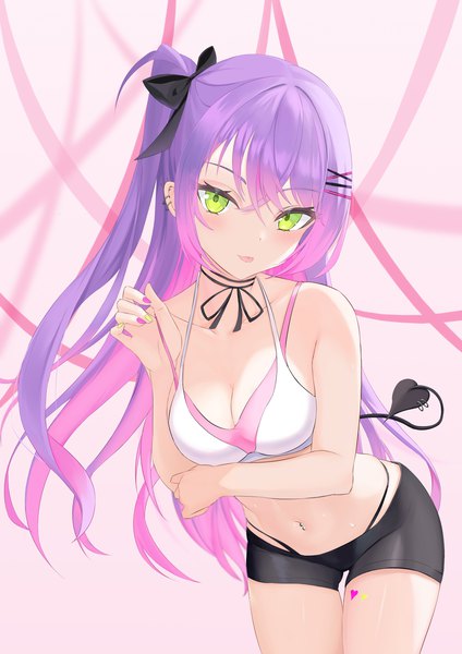 Anime picture 2480x3508 with virtual youtuber hololive tokoyami towa jiang ye kiri single long hair tall image looking at viewer blush fringe highres breasts light erotic simple background hair between eyes standing bare shoulders green eyes cleavage purple hair