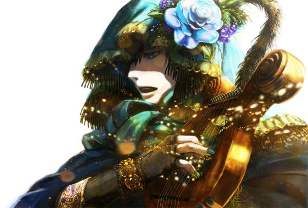 Аниме картинка 1300x878 с вокалоид кайто aya namihei один (одна) короткие волосы открытый рот голубые глаза простой фон белый фон держать подписанный синие волосы смотрит в сторону лак на ногтях зубы пение мужчина перчатки цветок (цветы) высокие перчатки