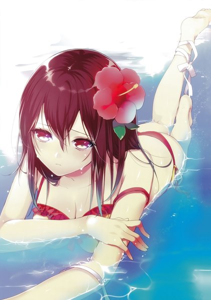 Anime picture 3000x4276 with strike the blood himeragi yukina manyako (mohumohu) single long hair tall image looking at viewer highres light erotic black hair hair flower scan girl flower (flowers) swimsuit bikini water hibiscus red bikini