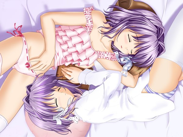 Anime picture 1600x1200 with clannad key (studio) fujibayashi kyou fujibayashi ryou igul blush short hair light erotic multiple girls purple hair twins girl thighhighs underwear panties ribbon (ribbons) 2 girls pillow bed striped panties