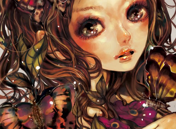 Anime picture 1100x806 with original nogaru (artist) single long hair brown hair brown eyes lips close-up face girl insect butterfly
