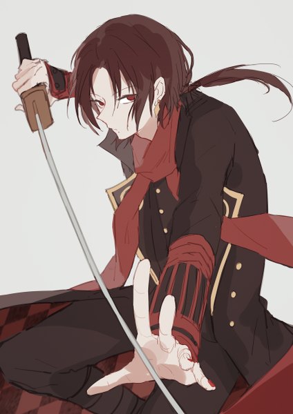 Anime picture 849x1200 with touken ranbu nitroplus kashuu kiyomitsu kiyomitsu yari single long hair tall image looking at viewer simple background red eyes brown hair bent knee (knees) ponytail nail polish grey background mole outstretched arm mole under mouth fighting stance red nail polish