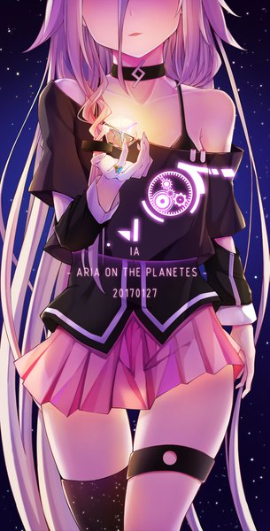 Anime picture 1027x2017 with vocaloid ia (vocaloid) dying0414 single long hair tall image looking at viewer blush fringe hair between eyes standing bare shoulders holding signed pink hair upper body bent knee (knees) very long hair parted lips pleated skirt