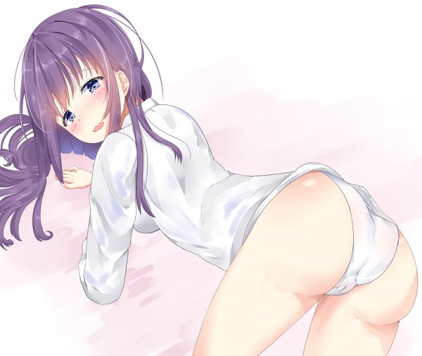 Anime picture 1472x1240 with midara na ao-chan wa benkyou ga dekinai horie ao aizawa (aizawatsu) single long hair looking at viewer blush fringe open mouth blue eyes light erotic simple background purple hair ass looking back from behind pink background on all fours body blush top-down bottom-up