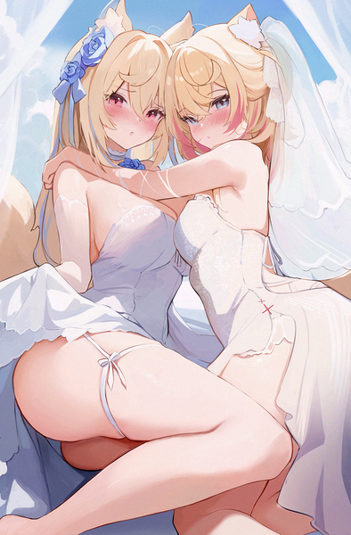 Anime picture 1000x1521 with virtual youtuber hololive hololive english mococo abyssgard fuwawa abyssgard koahri long hair tall image looking at viewer blush fringe breasts open mouth blue eyes light erotic blonde hair hair between eyes large breasts sitting multiple girls