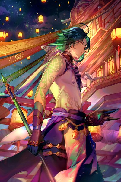 Anime picture 1378x2060 with genshin impact xiao (genshin impact) kfr2 2 single tall image short hair holding yellow eyes ahoge outdoors green hair night tattoo architecture east asian architecture festival boy mask chinese lantern