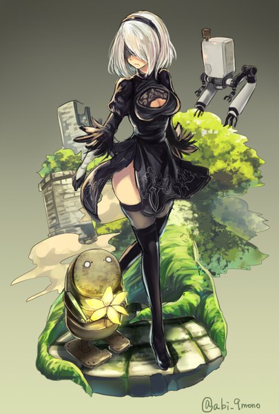 Anime picture 551x816 with nier nier:automata yorha no. 2 type b pod (nier:automata) abi (abimel10) single tall image short hair light erotic signed silver hair full body bent knee (knees) mole zettai ryouiki puffy sleeves twitter username gradient background side slit cleavage cutout