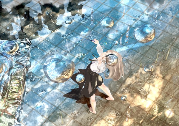 Anime picture 2000x1414 with original nine (plantroom9) long hair looking at viewer highres blue eyes blonde hair standing eyes closed one eye closed barefoot from above wink arms up bare legs no shoes reflection checkered floor floor transparent