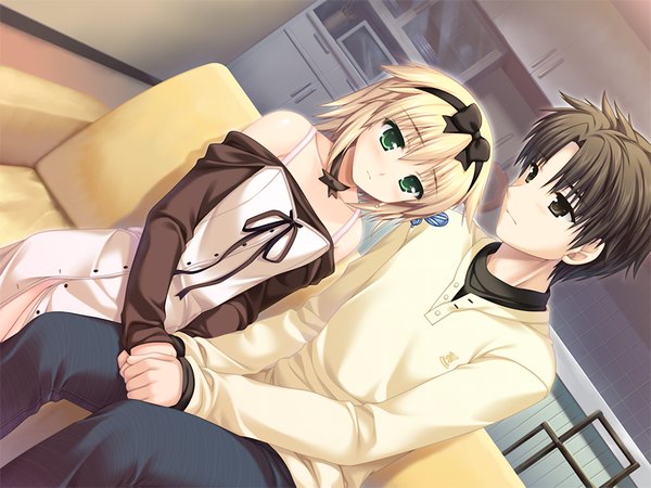 Anime picture 1024x768 with w. l. o. sekai ren'ai kikou sarasa crain femiluna short hair black hair blonde hair green eyes game cg black eyes couple girl boy