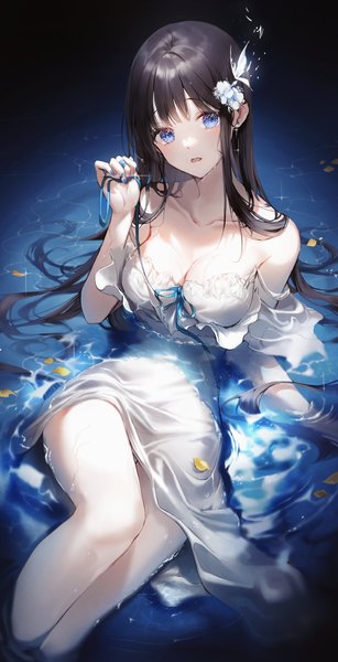 Anime picture 2000x3912 with original 2sham single long hair tall image blush fringe highres breasts open mouth blue eyes light erotic black hair cleavage blunt bangs nail polish head tilt hair flower from above sparkle