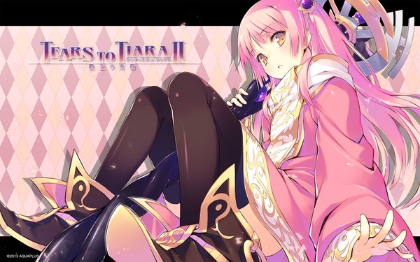 Anime picture 1920x1200 with tears to tiara ii kleito single long hair highres wide image yellow eyes pink hair girl thighhighs dress black thighhighs shoes staff