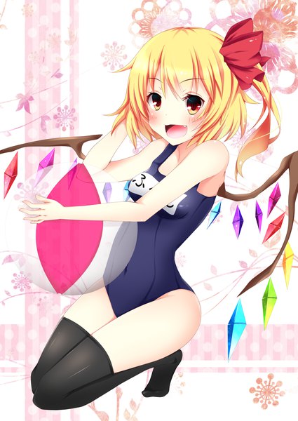 Anime picture 1254x1771 with touhou flandre scarlet sisterakuma single tall image looking at viewer breasts open mouth light erotic blonde hair smile red eyes bent knee (knees) fang (fangs) no shoes side ponytail transparent girl thighhighs ribbon (ribbons)