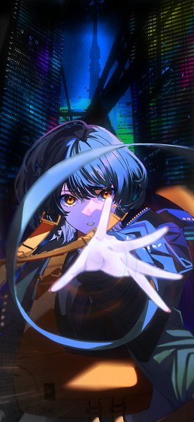 Anime picture 951x2067 with original kujuu shikuro single tall image looking at viewer fringe short hair hair between eyes standing yellow eyes blue hair upper body outdoors parted lips night open jacket city cityscape outstretched hand girl