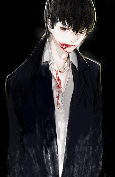 Anime picture 600x920 with original memipong single tall image looking at viewer fringe short hair black hair simple background hair between eyes upper body black eyes piercing black background ear piercing open collar blood on face bloody clothes bleeding boy