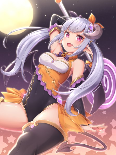 Anime picture 880x1180 with original sasaame single long hair tall image looking at viewer blush fringe breasts open mouth light erotic smile sitting twintails payot cleavage silver hair tail blunt bangs :d