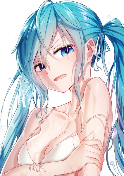 Anime picture 800x1132 with vocaloid hatsune miku qys3 single long hair tall image looking at viewer blush fringe breasts open mouth light erotic simple background hair between eyes white background twintails bare shoulders payot cleavage upper body