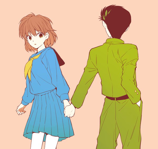 Anime picture 1272x1200 with yu yu hakusho urameshi yuusuke yukimura keiko hoyano short hair black hair simple background brown hair brown eyes pleated skirt couple holding hands pink background hand in pocket girl boy skirt uniform school uniform serafuku