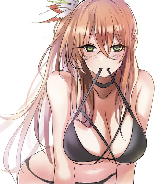 Anime picture 1200x1400 with girls frontline m1903 springfield (girls frontline) snowru single long hair tall image looking at viewer blush breasts light erotic simple background large breasts white background bare shoulders holding green eyes cleavage bare belly leaning leaning forward