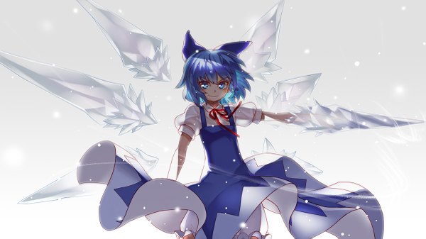 Anime picture 1200x675 with touhou cirno bobomaster single looking at viewer short hair blue eyes smile wide image white background blue hair snowing winter girl dress bow hair bow wings ice