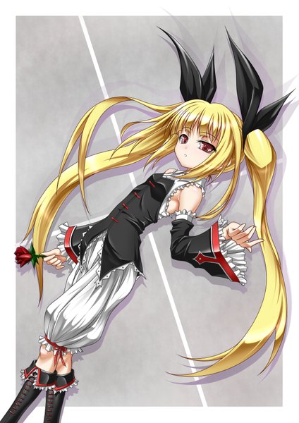 Anime picture 1240x1754 with blazblue rachel alucard roura long hair tall image blonde hair red eyes twintails loli girl flower (flowers) bow hair bow detached sleeves boots rose (roses) red rose
