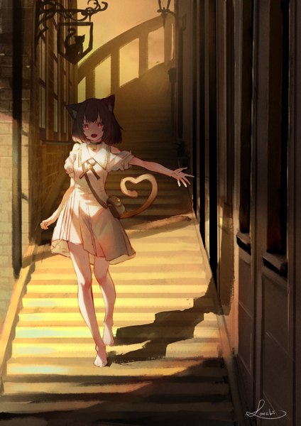 Anime picture 1013x1433 with original saraki single tall image looking at viewer fringe short hair open mouth red eyes brown hair signed animal ears full body outdoors tail animal tail barefoot cat ears bare legs shadow