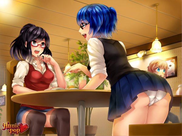 Anime picture 2400x1800 with hunie pop aiko yumi nikki ann-marie kaskia long hair highres short hair open mouth blue eyes light erotic black hair smile multiple girls blue hair ponytail profile pleated skirt inscription grey eyes copyright name