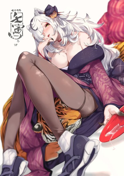 Anime-Bild 800x1131 mit original ohland single long hair tall image looking at viewer blush fringe breasts light erotic sitting animal ears yellow eyes silver hair traditional clothes japanese clothes hair over one eye new year 2022 girl