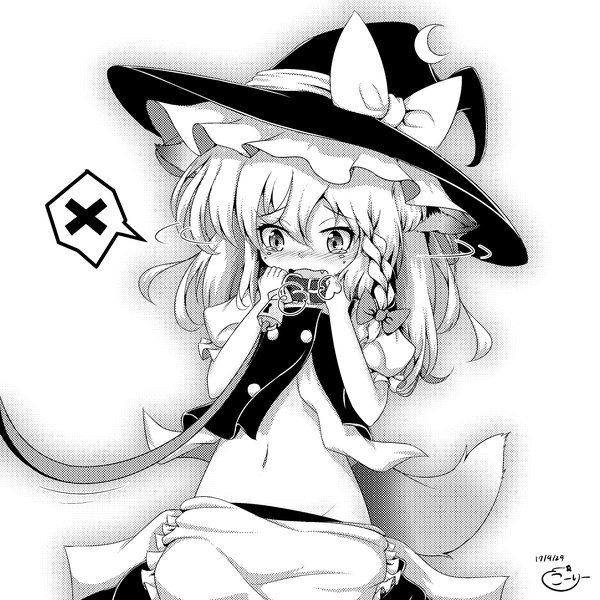 Anime picture 3376x3376 with touhou kirisame marisa coreytaiyo single long hair fringe highres open mouth light erotic hair between eyes white background signed animal ears absurdres tail braid (braids) animal tail bare belly short sleeves fang (fangs)