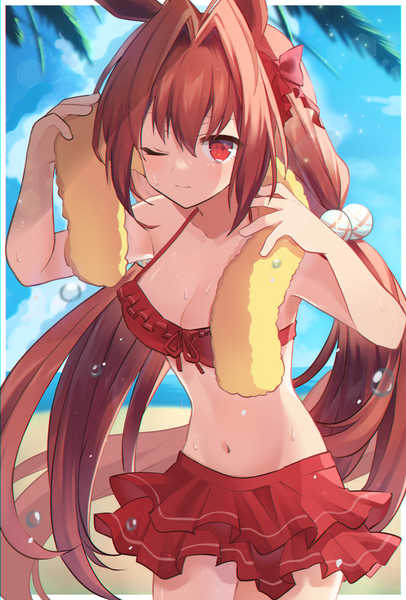 Anime picture 1446x2135 with umamusume daiwa scarlet (umamusume) daiwa scarlet (trifle vacation) (umamusume) hajime daijo single long hair tall image looking at viewer fringe hair between eyes red eyes brown hair twintails animal ears sky outdoors tail animal tail one eye closed low twintails