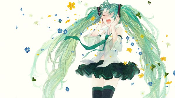 Anime-Bild 1500x844 mit vocaloid hatsune miku 72 (nananatsu) single open mouth wide image white background twintails eyes closed very long hair green hair screaming cropped girl thighhighs flower (flowers) black thighhighs detached sleeves petals necktie