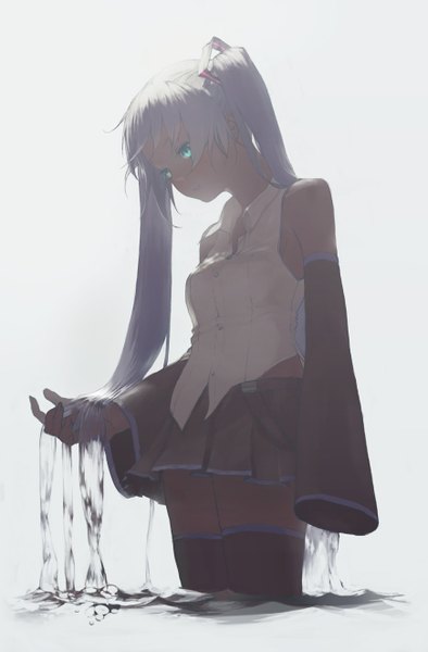 Anime picture 870x1323 with vocaloid hatsune miku ryono mizuki single long hair tall image fringe breasts simple background standing twintails bare shoulders holding payot looking away ahoge white hair long sleeves very long hair head tilt
