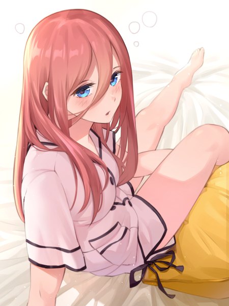 Anime picture 1800x2400 with go-toubun no hanayome nakano miku to gemichi single long hair tall image looking at viewer blush fringe highres breasts open mouth blue eyes hair between eyes sitting pink hair barefoot from above short sleeves self shot
