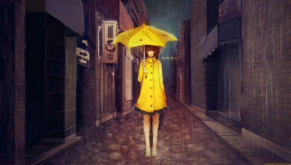 Anime picture 1484x842 with original moustachi single looking at viewer short hair brown hair wide image standing outdoors long sleeves barefoot black eyes night rain sad street girl umbrella toy cloak