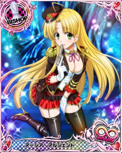 Anime picture 640x800 with highschool dxd asia argento single long hair tall image looking at viewer blush breasts light erotic blonde hair green eyes card (medium) girl thighhighs skirt gloves weapon black thighhighs miniskirt white gloves