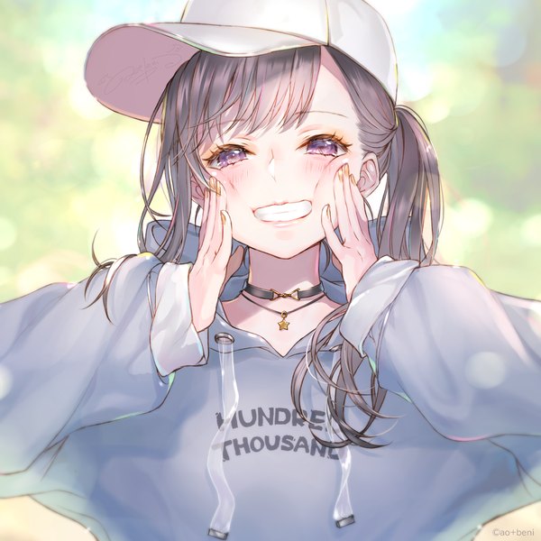Anime picture 1100x1100 with original ao+beni single long hair looking at viewer blush fringe smile brown hair purple eyes signed payot upper body long sleeves nail polish fingernails grin side ponytail clothes writing hands on face