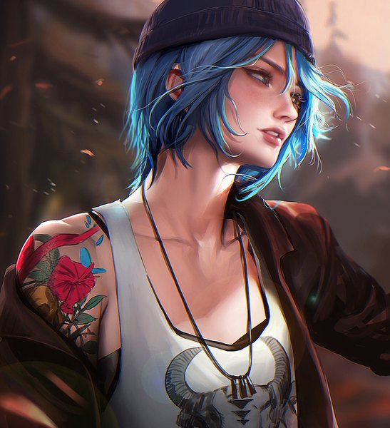 Anime picture 882x967 with life is strange chloe price sakimichan single tall image fringe short hair smile green eyes blue hair parted lips head tilt wind lips blurry realistic off shoulder open jacket tattoo girl
