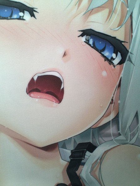 Anime-Bild 1200x1600 mit bishoujo mangekyou (game) omega star kagarino kirie happoubi jin single tall image looking at viewer blush open mouth blue eyes silver hair scan teeth fang (fangs) sweat embarrassed tears close-up face saliva