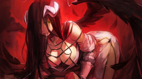 Anime picture 1920x1080 with overlord (maruyama) madhouse albedo (overlord) iorlvm single long hair looking at viewer fringe highres breasts light erotic black hair wide image large breasts yellow eyes looking away parted lips horn (horns) lips hair over one eye