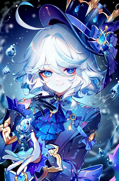 Anime picture 1320x2000 with genshin impact furina (genshin impact) sheya single tall image looking at viewer fringe short hair blue eyes smile hair between eyes signed silver hair upper body ahoge sparkle heterochromia girl gloves water drop